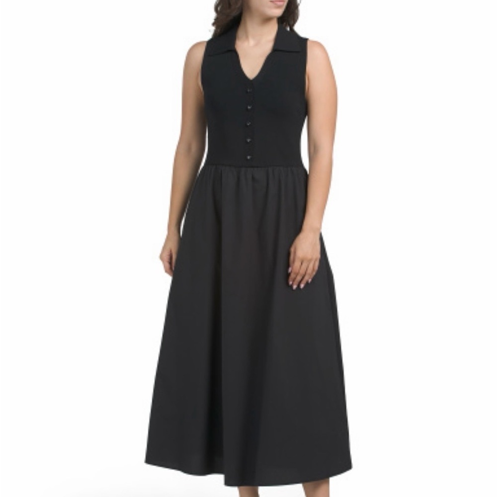 Ellen Tracy Black Button-Front Midi Dress